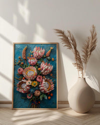 African Bridal Bouquet Poster, Protea Flower - Thick Oil Painting Style