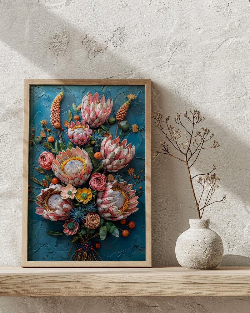 African Bridal Bouquet Poster, Protea Flower - Thick Oil Painting Style