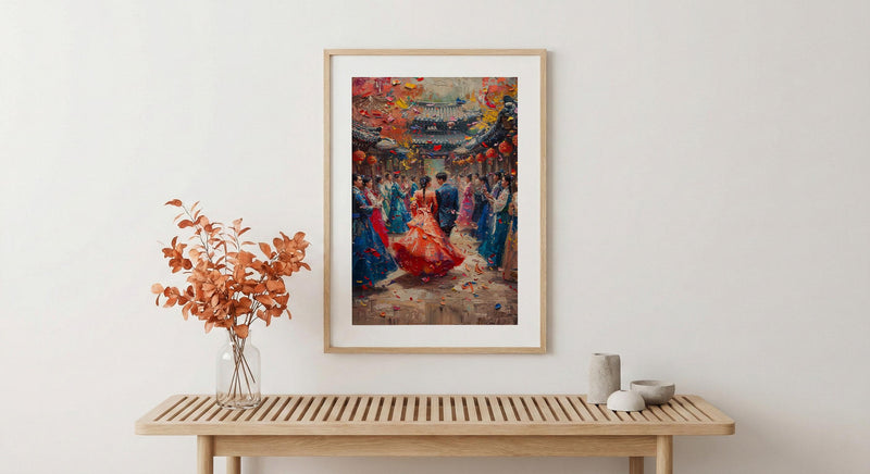 Korean Wedding Celebration Art, Hanok Village Decor - Anniversary Gift