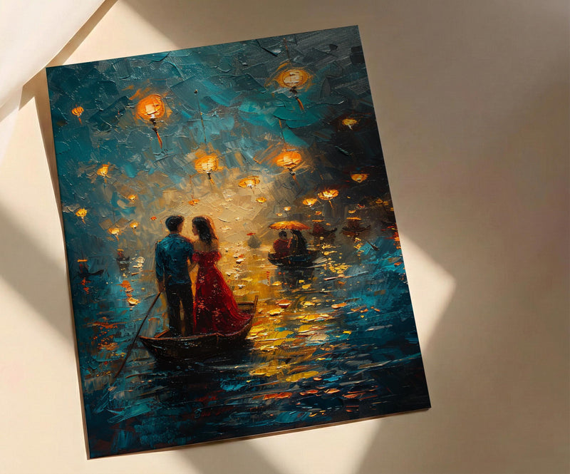Vietnam Boat Procession Art, Romantic River Decor - Thick Oil Painting Style