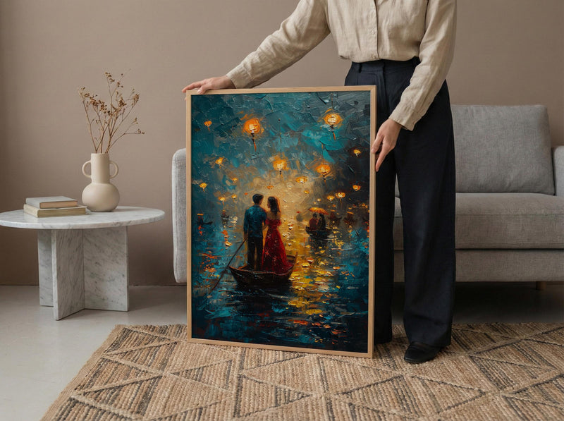 Vietnam Boat Procession Art, Romantic River Decor - Thick Oil Painting Style