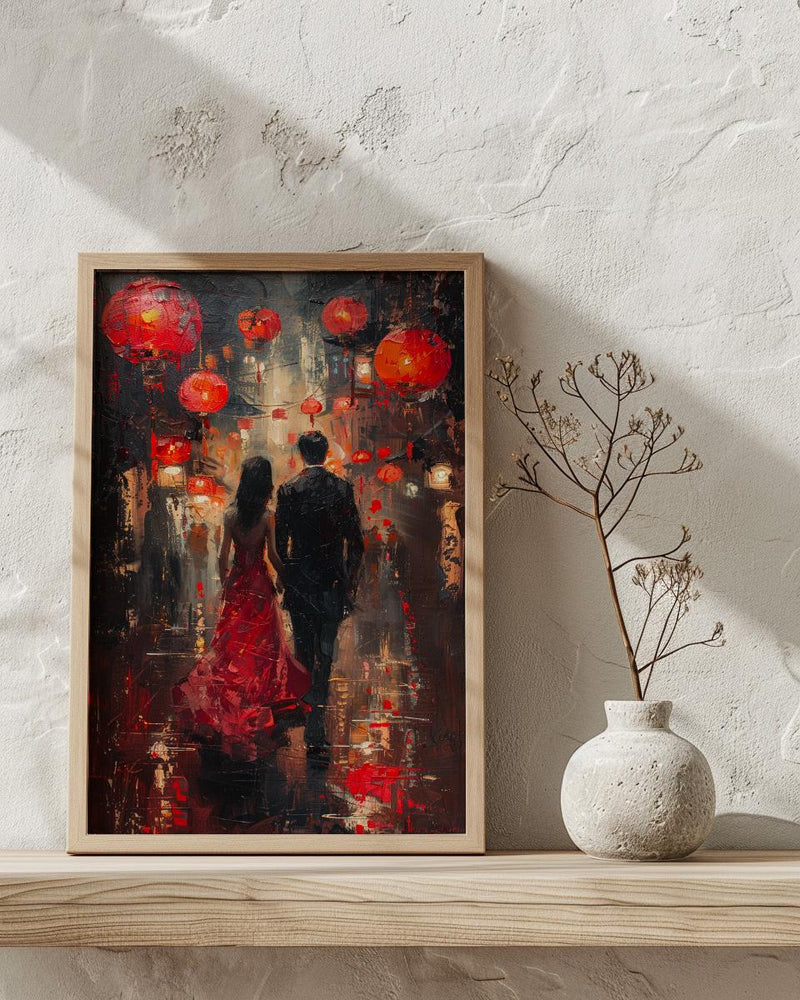Chinese Lanterns Wall Decor, Red Silk Dress Art - Thick Oil Painting Style