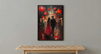 Chinese Lanterns Wall Decor, Red Silk Dress Art - Thick Oil Painting Style