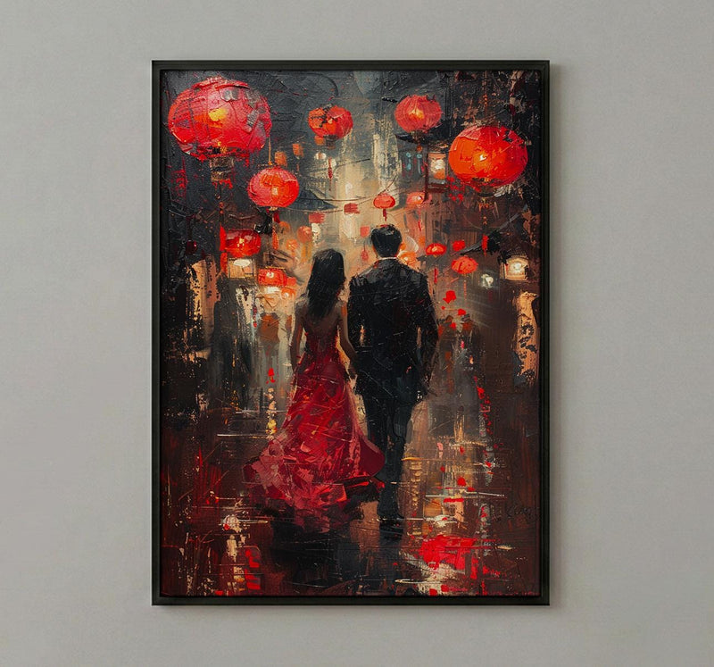 Chinese Lanterns Wall Decor, Red Silk Dress Art - Thick Oil Painting Style