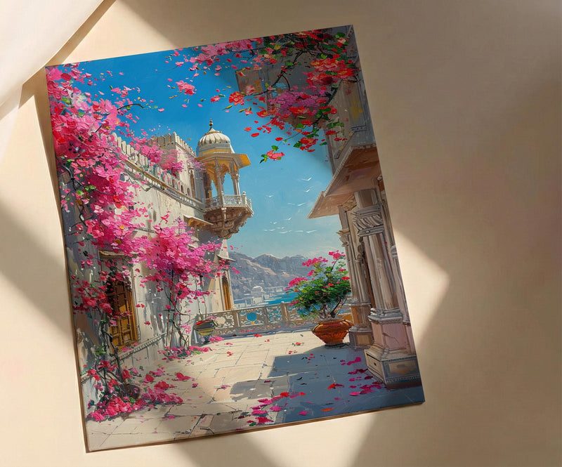Rajasthan Palace Art Print, Pink Bougainvillea Decor - Housewarming Gift