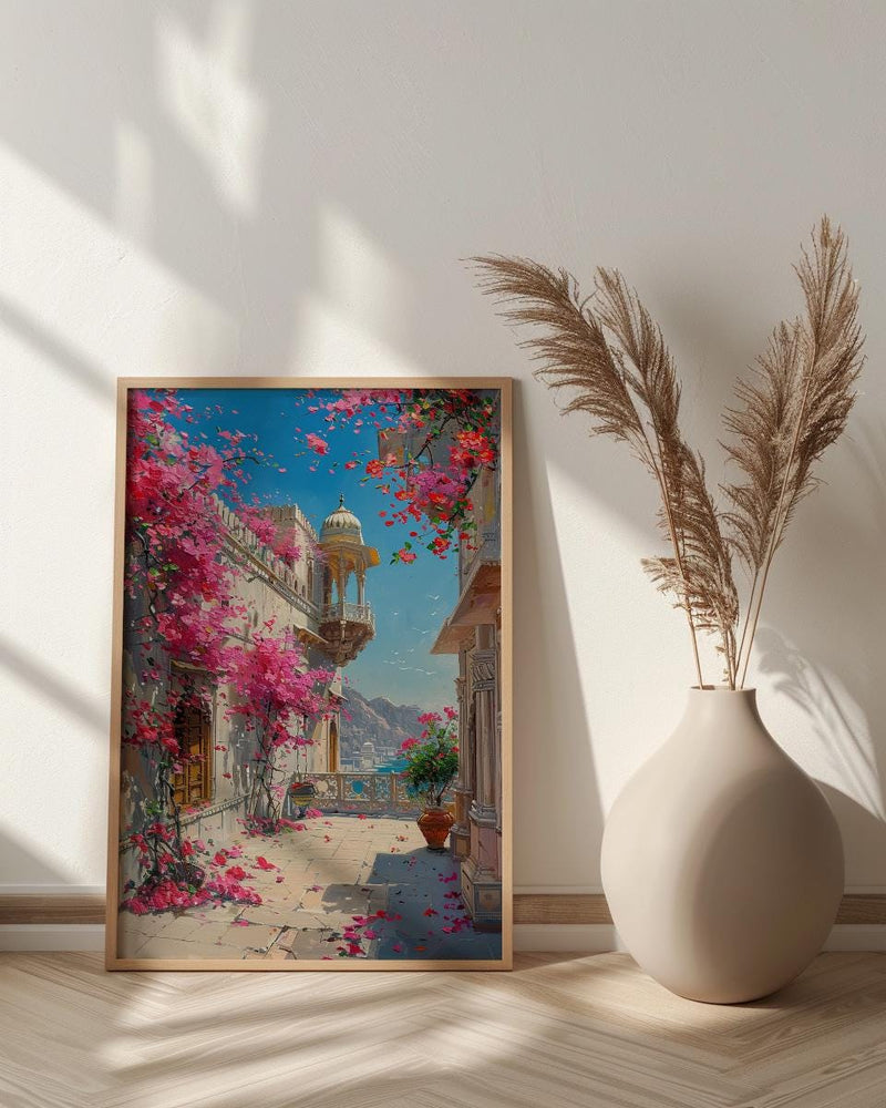 Rajasthan Palace Art Print, Pink Bougainvillea Decor - Housewarming Gift
