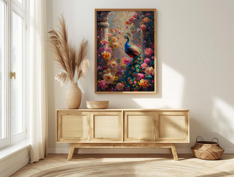Indian Peacock Spring Poster, Exotic Bird Floral Art Print - Entryway Decor