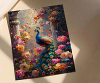 Indian Peacock Spring Poster, Exotic Bird Floral Art Print - Entryway Decor