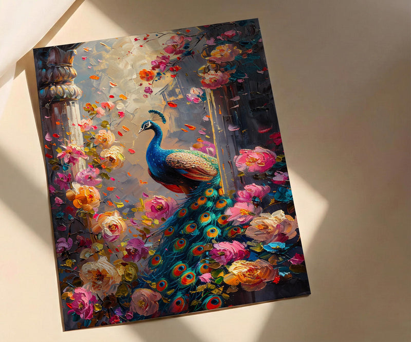 Indian Peacock Spring Poster, Exotic Bird Floral Art Print - Entryway Decor