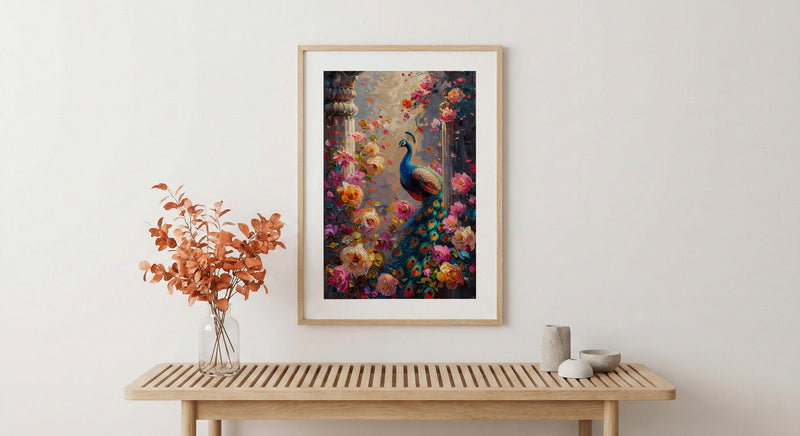 Indian Peacock Spring Poster, Exotic Bird Floral Art Print - Entryway Decor