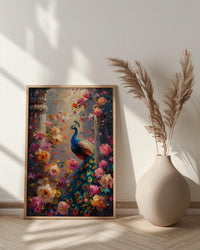 Indian Peacock Spring Poster, Exotic Bird Floral Art Print - Entryway Decor