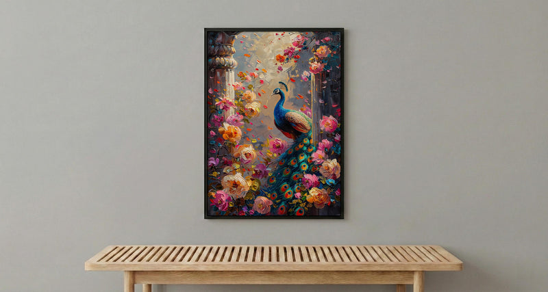 Indian Peacock Spring Poster, Exotic Bird Floral Art Print - Entryway Decor