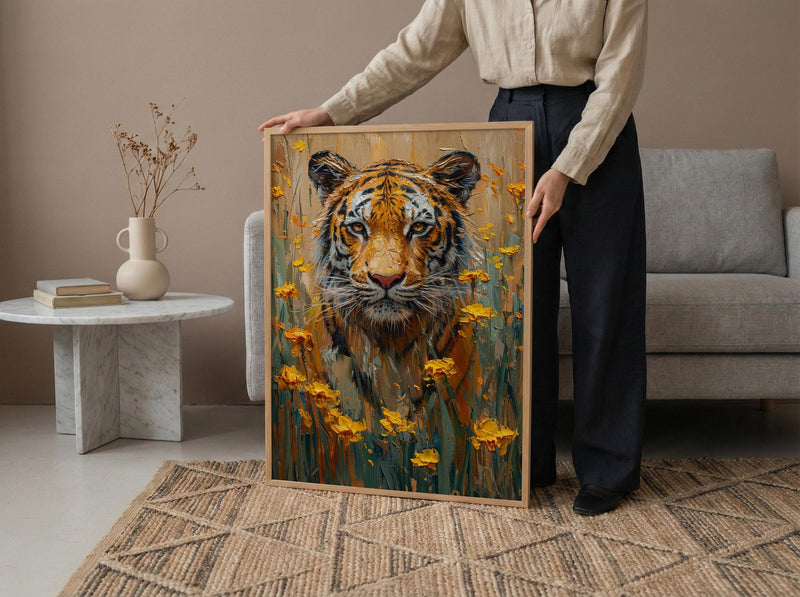 Bengal Tiger Art Print, Yellow Mustard Spring Field - Housewarming Gift