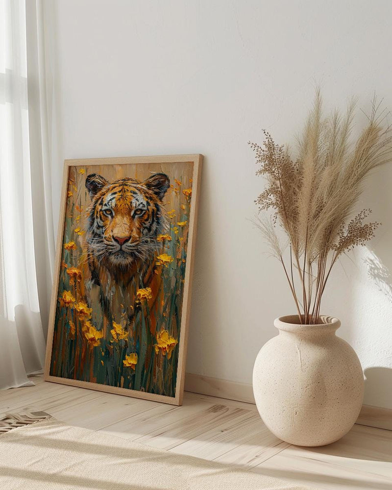 Bengal Tiger Art Print, Yellow Mustard Spring Field - Housewarming Gift
