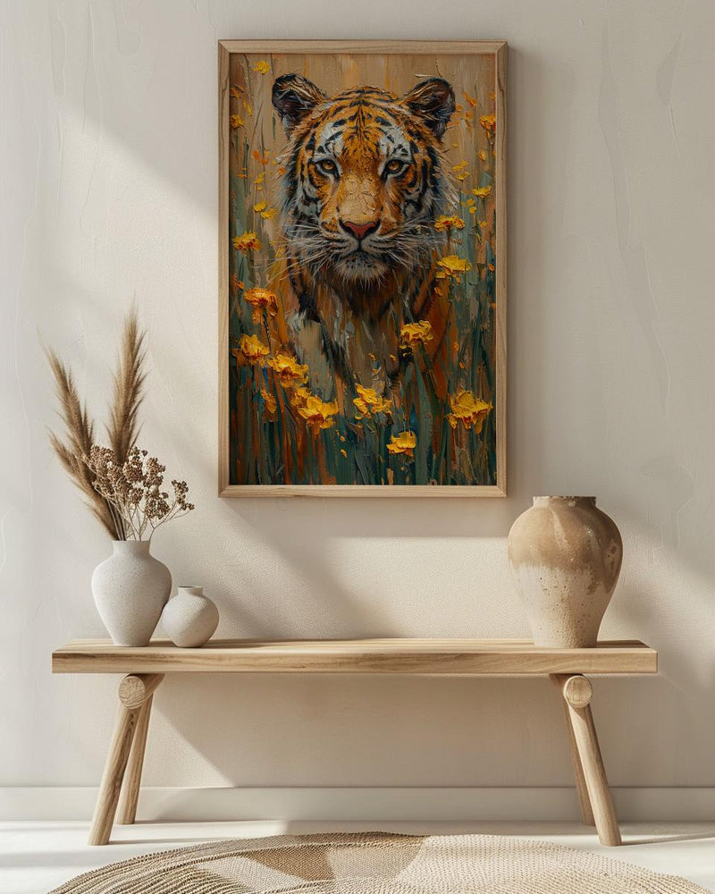 Bengal Tiger Art Print, Yellow Mustard Spring Field - Housewarming Gift