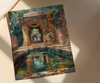 Indian Stepwell Wall Art, Marigold Spring Architecture - Thick Oil Painting Style