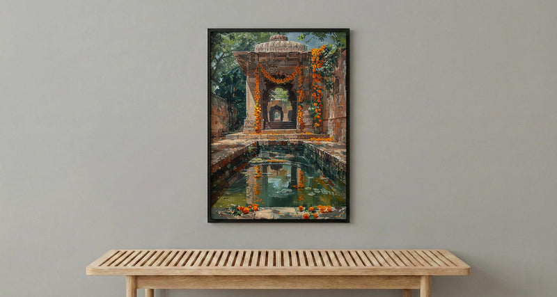 Indian Stepwell Wall Art, Marigold Spring Architecture - Thick Oil Painting Style