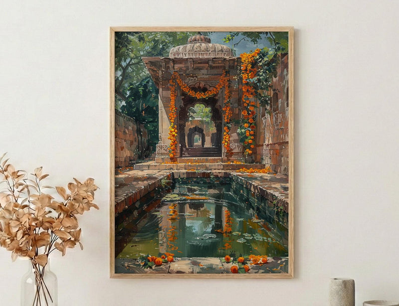 Indian Stepwell Wall Art, Marigold Spring Architecture - Thick Oil Painting Style