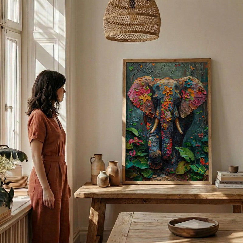 Indian Elephant Art Print, Tropical Spring Jungle Decor - Housewarming Gift