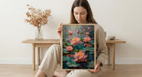 Sacred Lotus Pond Wall Art, Pink Spring Yoga Decor - Palette Knife Painting Style