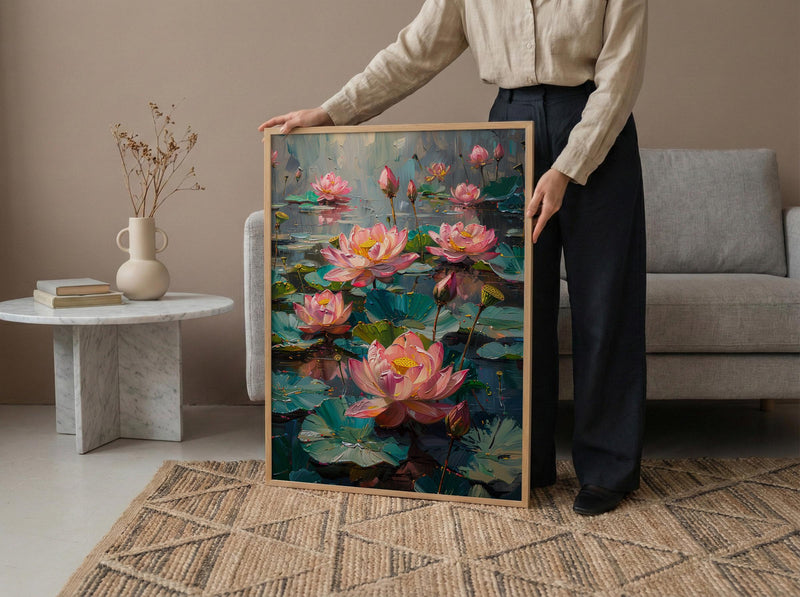 Sacred Lotus Pond Wall Art, Pink Spring Yoga Decor - Palette Knife Painting Style