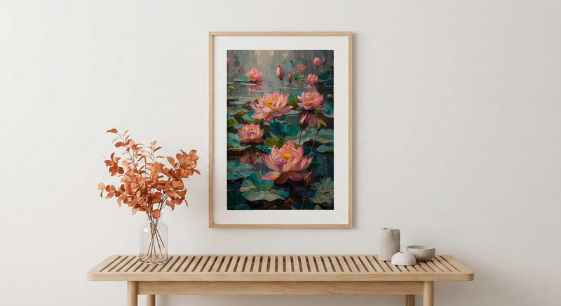 Sacred Lotus Pond Wall Art, Pink Spring Yoga Decor - Palette Knife Painting Style