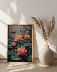 Sacred Lotus Pond Wall Art, Pink Spring Yoga Decor - Palette Knife Painting Style