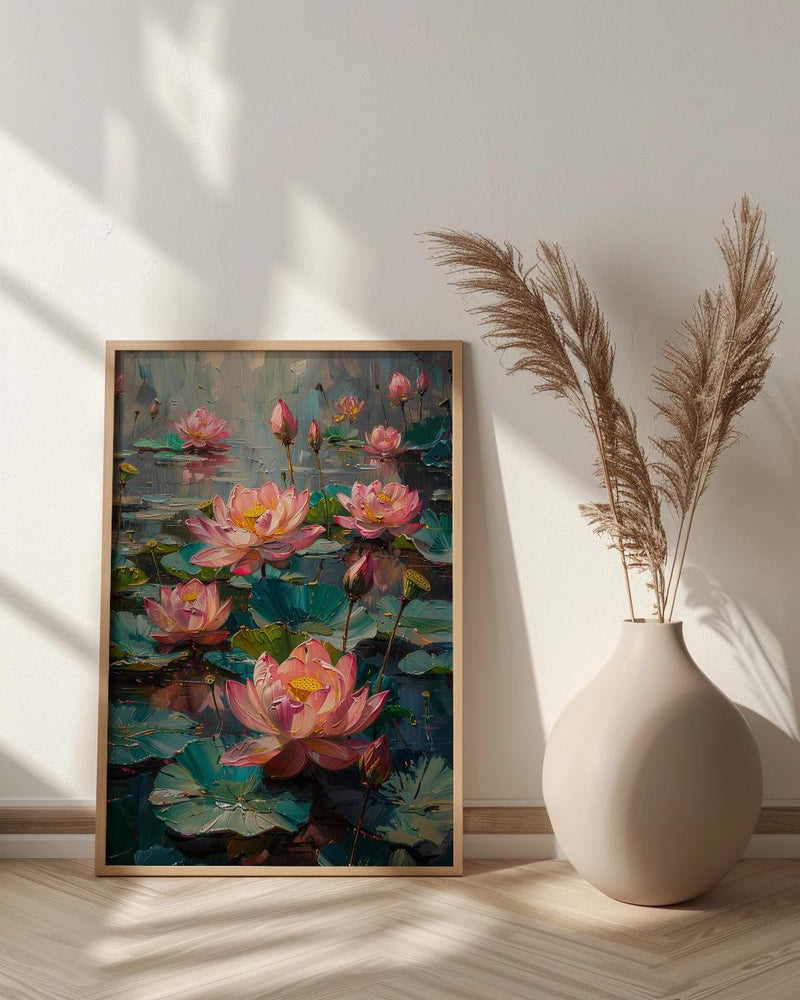 Sacred Lotus Pond Wall Art, Pink Spring Yoga Decor - Palette Knife Painting Style