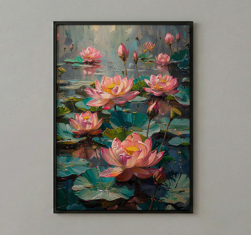 Sacred Lotus Pond Wall Art, Pink Spring Yoga Decor - Palette Knife Painting Style