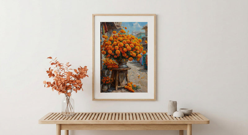 Jaipur Flower Market Art Print, Orange Marigold Wall Decor - Housewarming Gift
