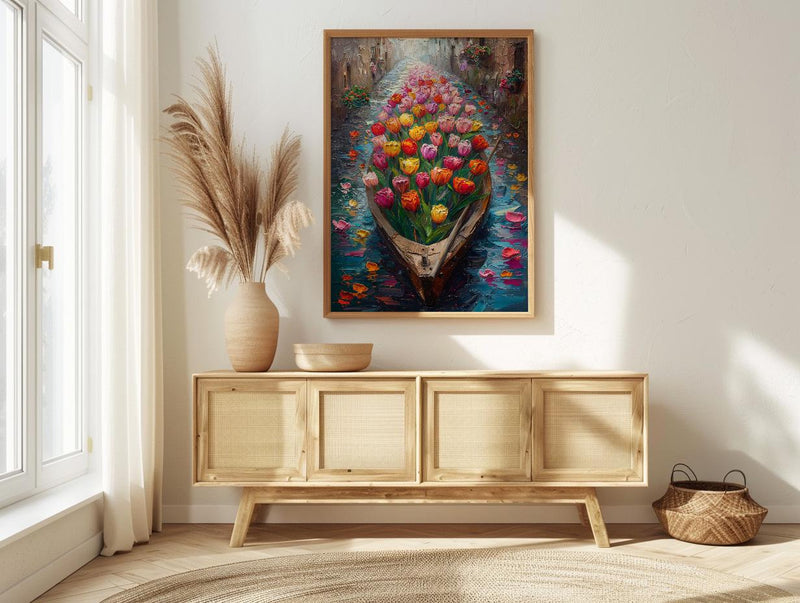 Kashmir Dal Lake Shikara Poster, Spring Tulip Decor - Housewarming Gift