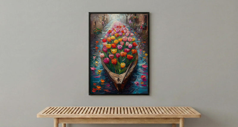 Kashmir Dal Lake Shikara Poster, Spring Tulip Decor - Housewarming Gift