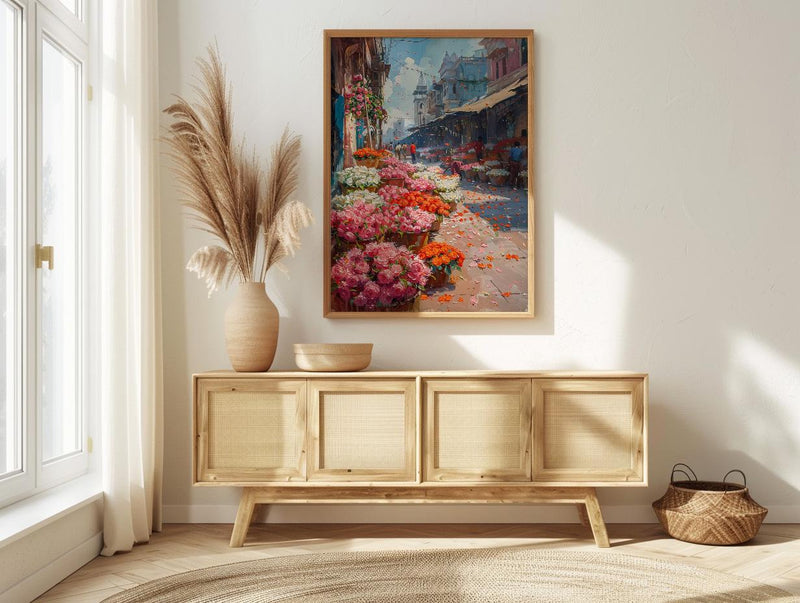 Kolkata Flower Market Wall Art, Pink Rose Spring Print - Thick Oil Painting Style
