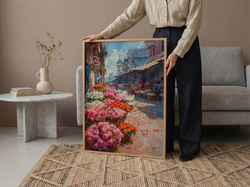 Kolkata Flower Market Wall Art, Pink Rose Spring Print - Thick Oil Painting Style