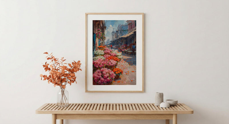 Kolkata Flower Market Wall Art, Pink Rose Spring Print - Thick Oil Painting Style