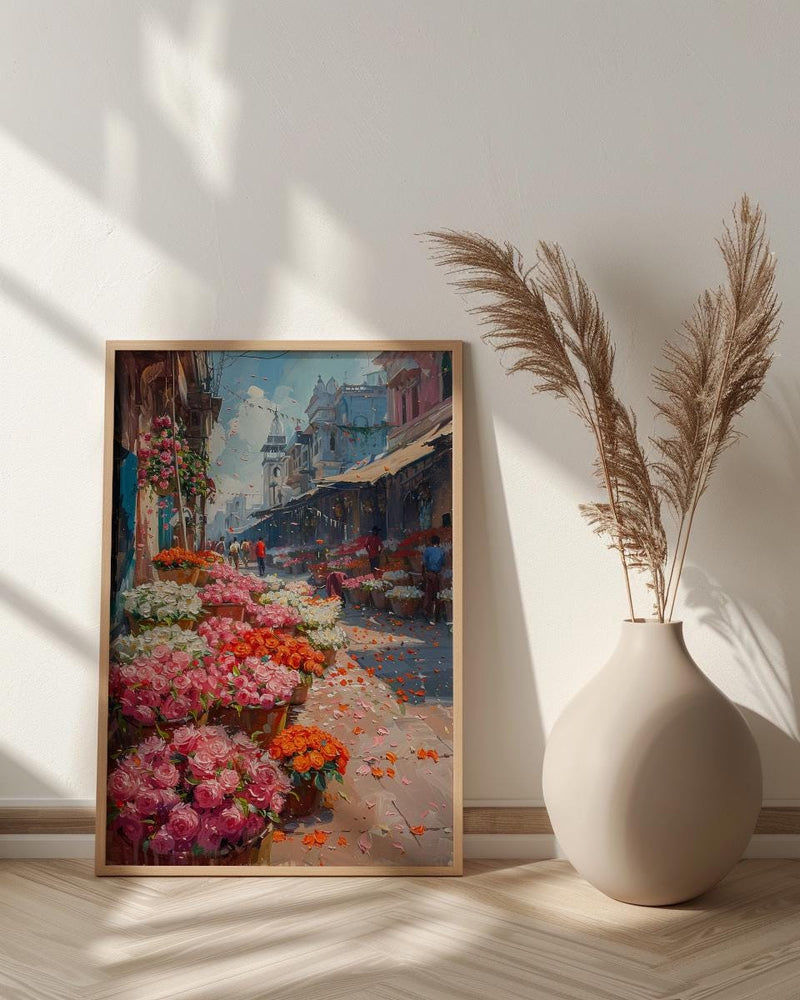 Kolkata Flower Market Wall Art, Pink Rose Spring Print - Thick Oil Painting Style