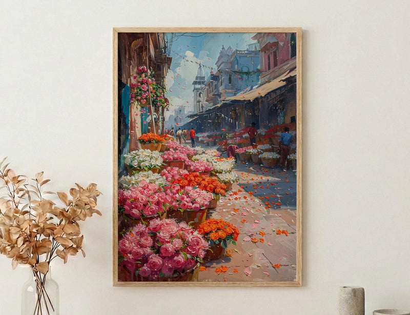 Kolkata Flower Market Wall Art, Pink Rose Spring Print - Thick Oil Painting Style