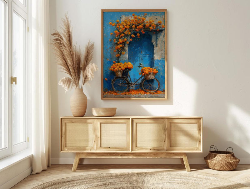 Jodhpur Blue Wall Art Print, Orange Marigold Spring Decor - Entryway Decor
