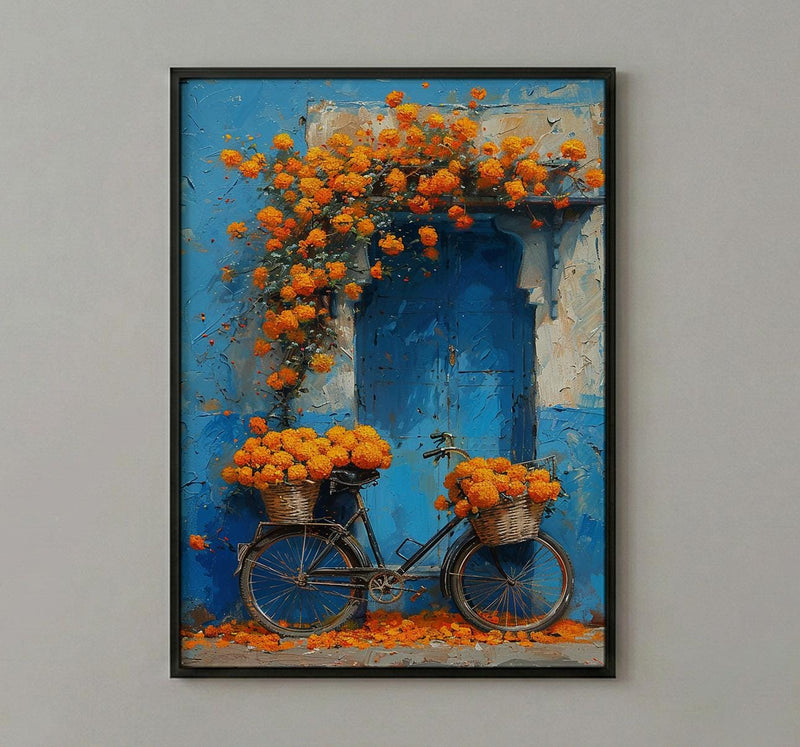 Jodhpur Blue Wall Art Print, Orange Marigold Spring Decor - Entryway Decor