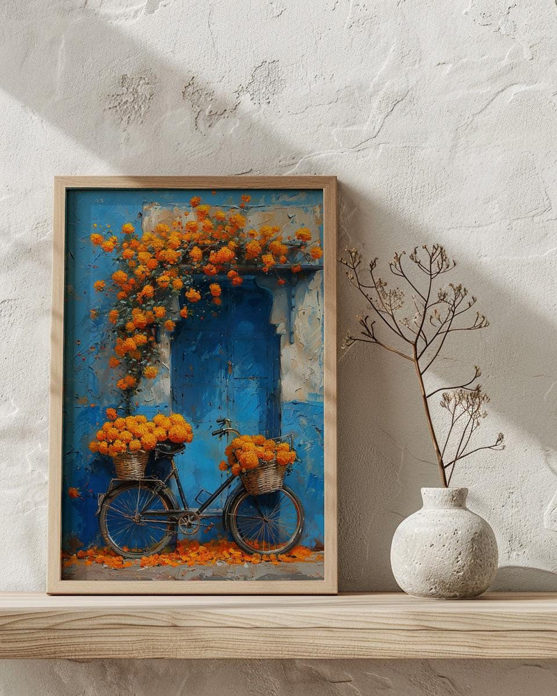 Jodhpur Blue Wall Art Print, Orange Marigold Spring Decor - Entryway Decor