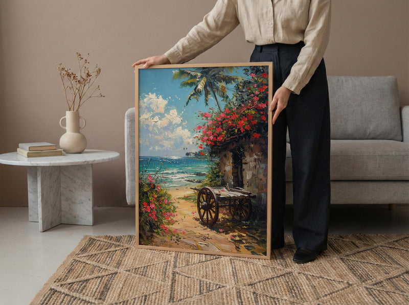 Kerala Tropical Spring Poster, Red Hibiscus Nature Wall Decor - Palette Knife Painting Style