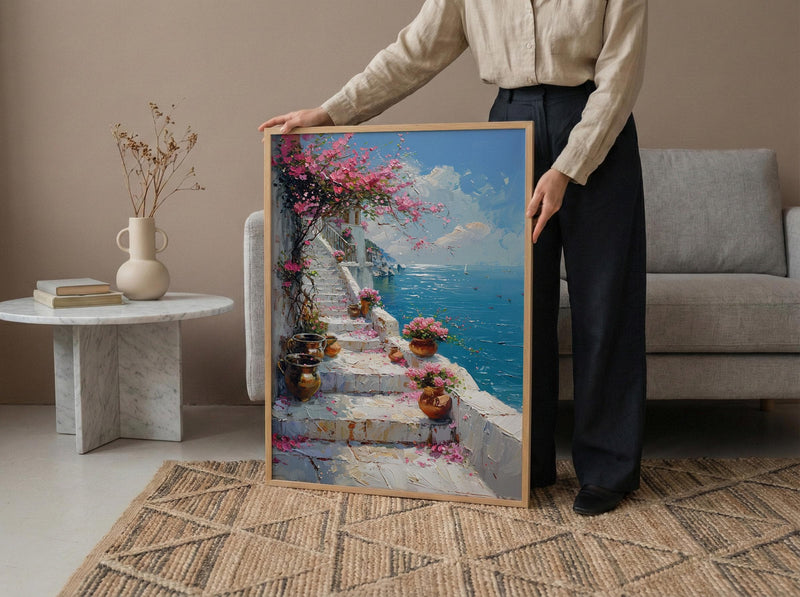 Udaipur Lotus Stairs Wall Art, White Marble Spring Print - Living Room Decor