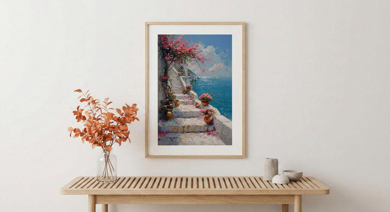Udaipur Lotus Stairs Wall Art, White Marble Spring Print - Living Room Decor