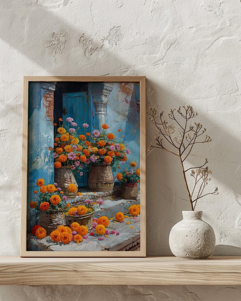 Varanasi Floral Ghats Art Print, Marigold River Decor - Housewarming Gift