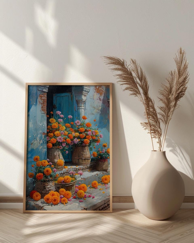 Varanasi Floral Ghats Art Print, Marigold River Decor - Housewarming Gift