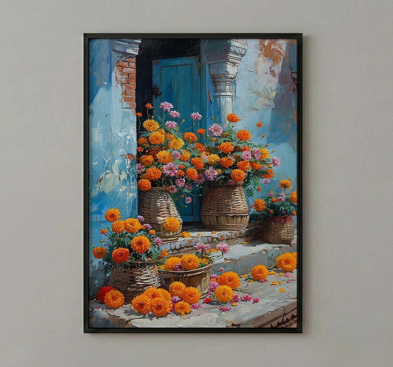 Varanasi Floral Ghats Art Print, Marigold River Decor - Housewarming Gift