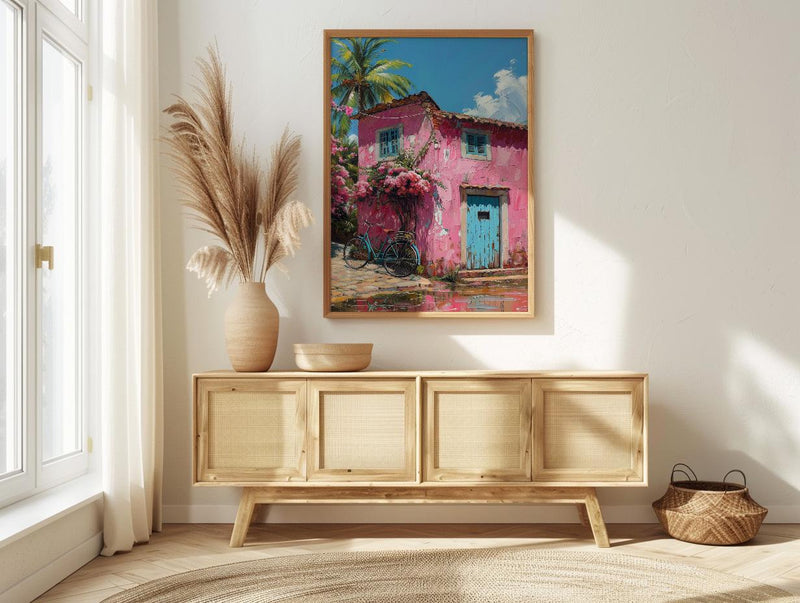 Goa Pastel House Wall Art, Tropical Spring Bicycle Print - Textured Impasto Oil Painting