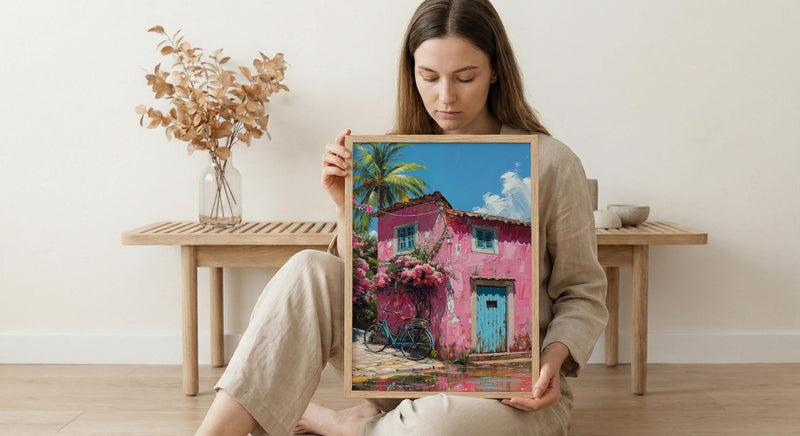 Goa Pastel House Wall Art, Tropical Spring Bicycle Print - Textured Impasto Oil Painting
