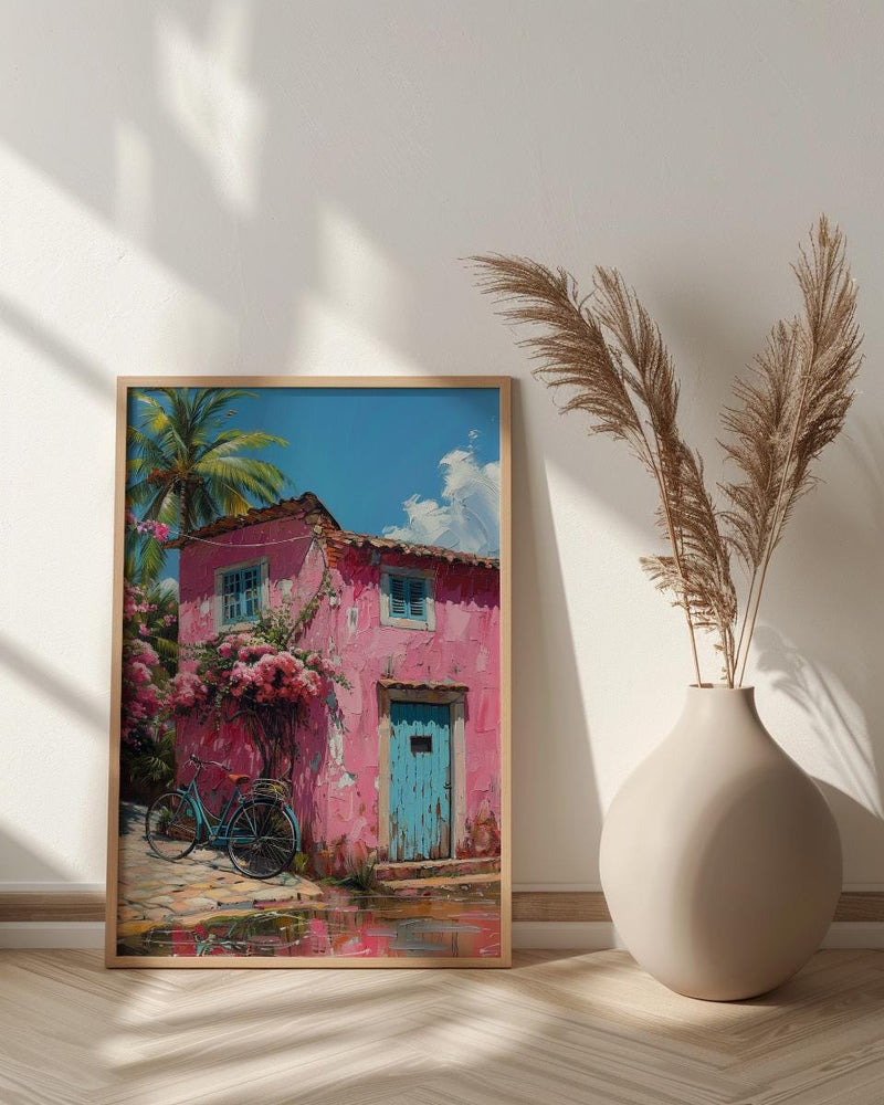 Goa Pastel House Wall Art, Tropical Spring Bicycle Print - Textured Impasto Oil Painting