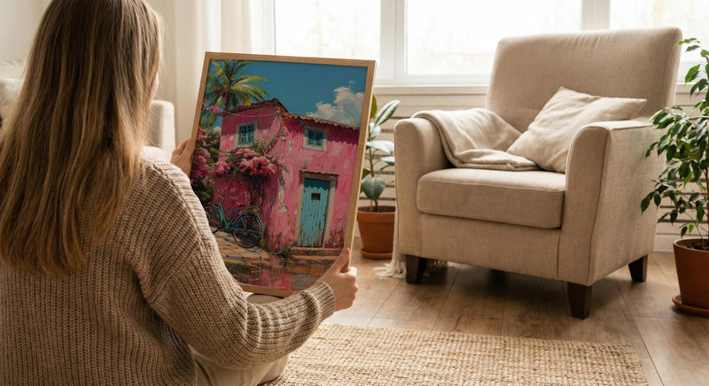 Goa Pastel House Wall Art, Tropical Spring Bicycle Print - Textured Impasto Oil Painting